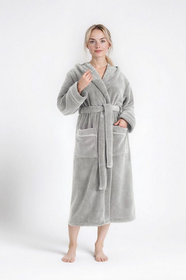 OTTO home Unisex-Bademantel Lillou, ideal für Sauna & Spa, Hotelbademantel, Morgenmantel, Langform, Microfaser, Kapuze, Gürtel, kuschelig weicher Fleece, plüsch, für Damen und Herren, XS-3XL von OTTO home