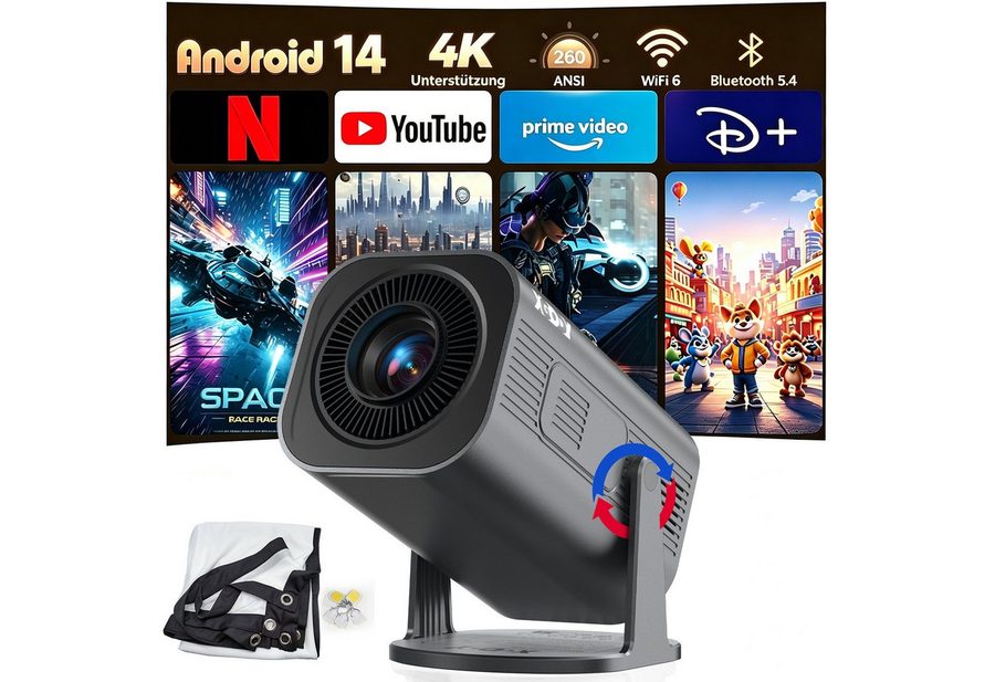 XGODY 2026 Neu Tragbarer Projektor Gimbal 3Pro 4K Android 14 Wifi6 BT 5.4 Mini-Beamer (260 lm, 8000:1, 3840 x 2160 px, Android 14 OS mit App-Store, Youtube, Netflix, Prime Video etc)