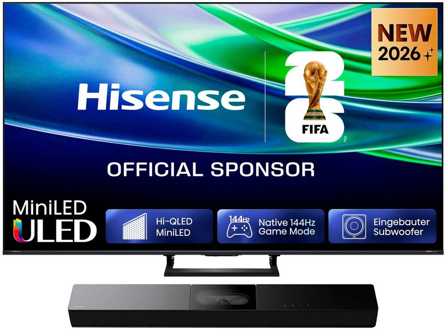Hisense 55E8S Mini-LED-Fernseher (139 cm/55 Zoll, 4K Ultra HD, Smart-TV, inkl. HS2000 Soundbar im Wert von UVP €129)