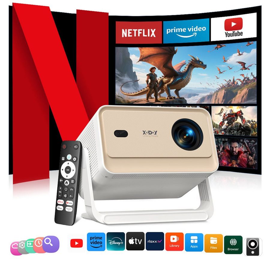 XGODY N6 Pro Smart Beamer 4K Heimkino, Kompatibel mit Netflix Autofokus Mini Beamer (800 lm, 3840 x 2160 px (800 ANSI) px, projektor 4k smart wifi mit Auto Trapezkorrektur, Bluetooth 5.4)