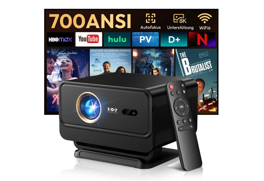 XGODY Smart Beamer Android 14 mit Apps, 1080P Projektor 4K Unterstützt Mini-Beamer (700 lm, 1500:1, 3840 x 2160 px, 700 ANSI Lumen, Beamer 4K Heimkino mit Autofokus, WiFi6, BT5.4)