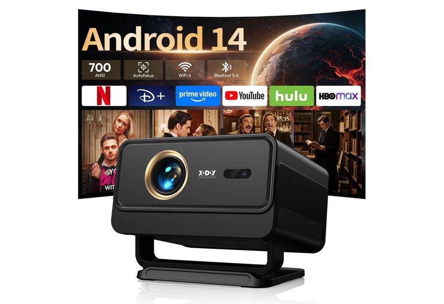 XGODY Smart Beamer Android 14 mit Apps, 1080P Projektor 4K Unterstützt Mini-Beamer (700 lm, 1500:1, 3840 x 2160 px, 700 ANSI Lumen, Beamer 4K Heimkino mit Autofokus, WiFi6, BT5.4)