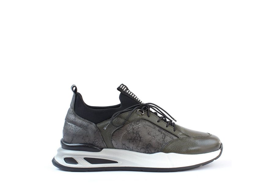 Celal Gültekin Leder-Sneaker Elastische Schnürung Plateau Casual Sportlich Herren Sneaker Glattleder, Plateau-EVA-Sohle, Elastische Schnürung, Khaki, 43