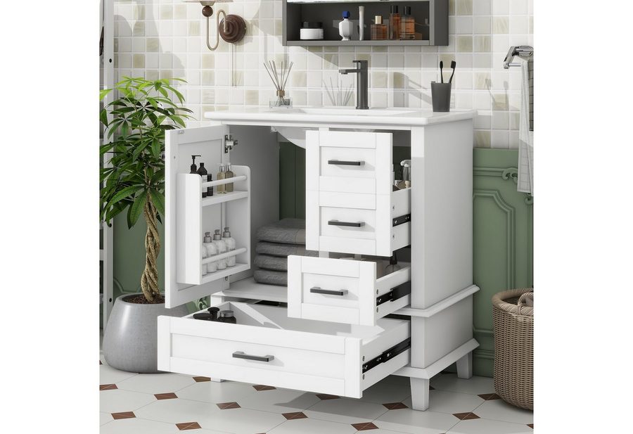 Flieks Waschtisch mit 3 Schubladen und Türregal, Waschbeckenunterschrank mit Waschbecken (B76/T46/H83,5 cm, Beine aus Massivholz, 1-St., bodenstehend, Badschrank Badzimmerschrank Volllackierung), Badezimmerschrank mit Keramikbecken Badmöbel in Breite 76 cm von Flieks