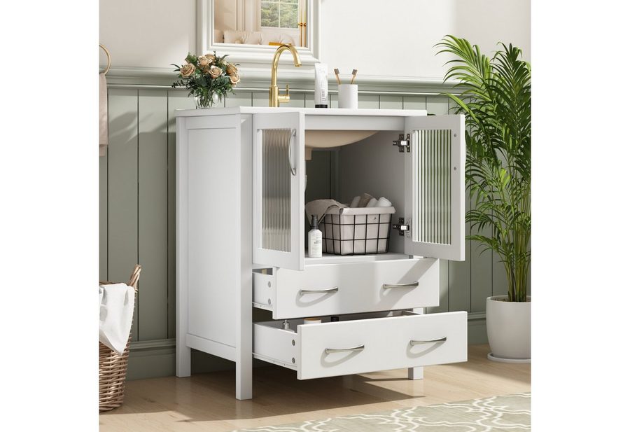 Flieks Waschtisch mit Glastüren & Schubladen, Waschbeckenunterschrank mit Waschbecken (B61/T47/H86 cm, 1-St., Badschrank mit silbernen Metallgriffen), bodenstehend Badezimmerschrank mit Keramikbecken Badmöbel Weiß von Flieks