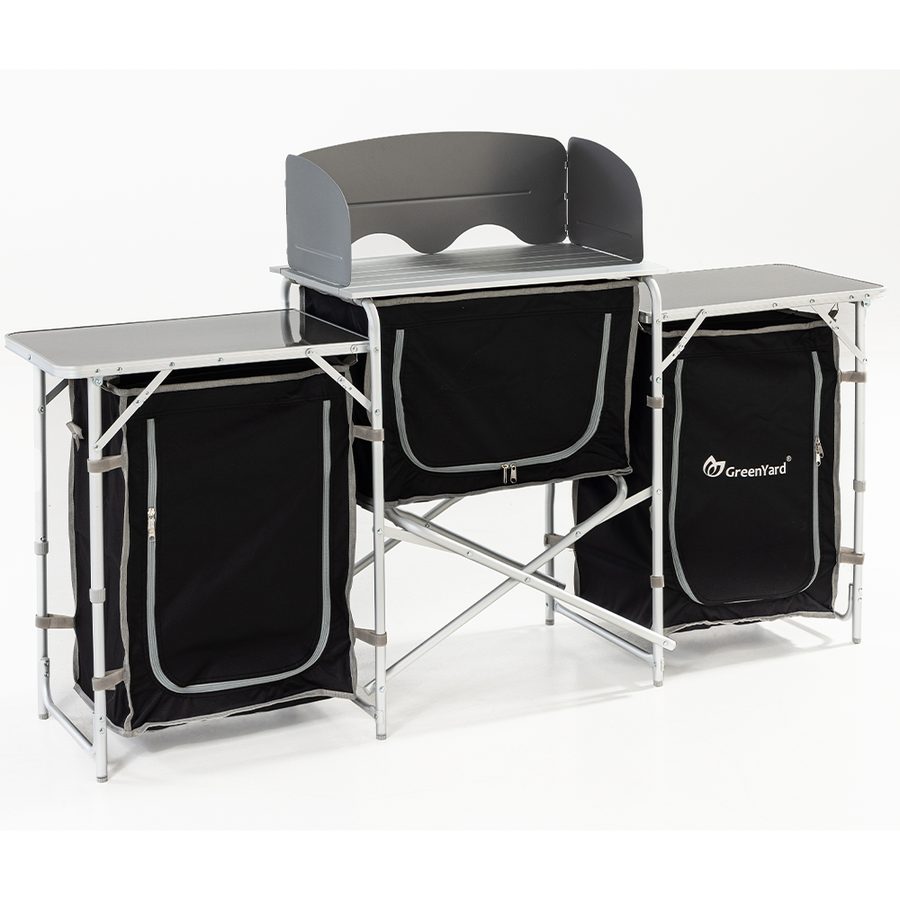 lovingHome® Campingküche XL Windschutz und rollbarer Arbeitsplatte, ca. 173 x 41 x 80 cm - Schwarz