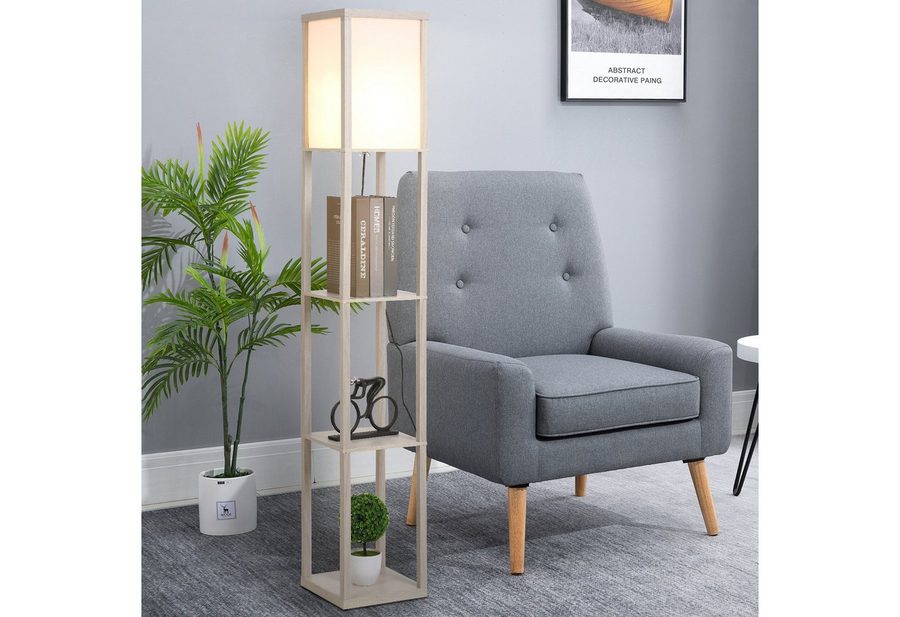 HOMCOM Stehlampe Stehlampe mit Regalen E27 40W Nachttischlampe Acryl Lampenschirm, Ablagefächer, Lichtquelle, Fußschalter, ohne Leuchtmittel, Stehlampe mit Ablagen, platzsparend von HOMCOM