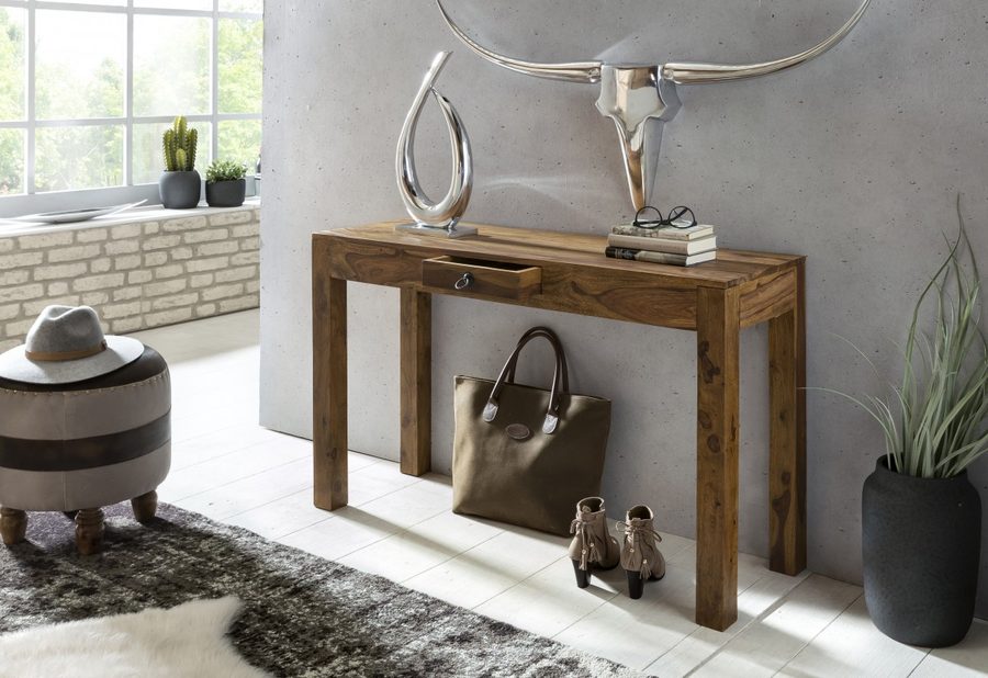 Wohnling Sheesham Konsolentisch Massiv 120 cm mit 1 Schublade - Massivholz