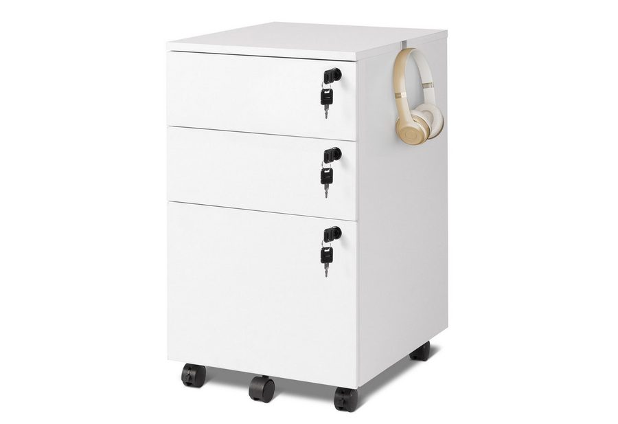 DEVAISE Rollcontainer Mobiler Aktenschrank mit 3 Schubladen, (Druckertisch für DIN A4/Legal/Letter), 3 Schlüssel, Schreibtisch Unterschrank für Büro und Home Office