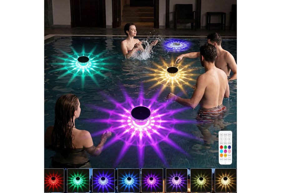 oyajia Pool-Lampe Schwimmende Poolbeleuchtung, RGB Solar Poollicht mit Fernbedienung, 4er Set, LED fest integriert, RGB, IP68 Wasserdicht Unterwasser Licht für Pool, Whirlpool, Teich, Garten