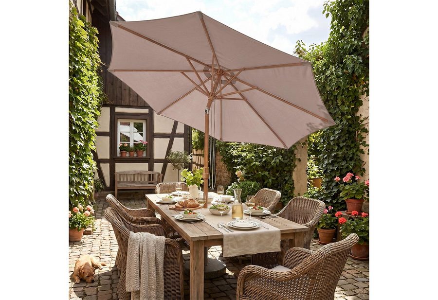 Sekey Sonnenschirm 300 x 300 cm Sonnenschirm Holzoptik Gartenschirm Knickbar, UPF 50+, LxB: 300x300 cm, Doppeltes Seilzugsystem, Neigungsverstellung, für Garten von Sekey