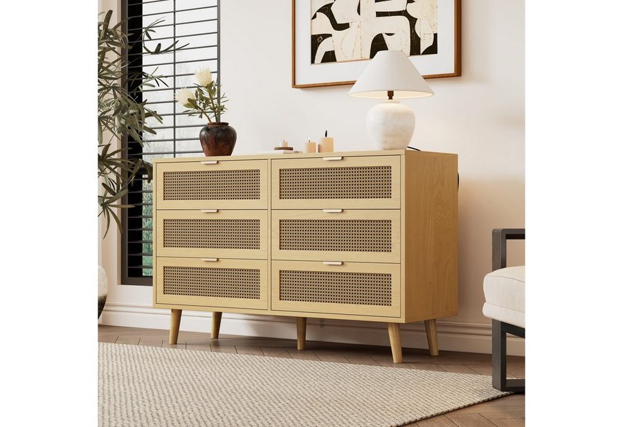 Flieks Kommode mit 6 Schubladen Rattan (B120/H76,5/T40 cm, 1 St), Sideboard Schubkastenkommode Aufbewahrungsschrank, Massivholzbeine von Flieks
