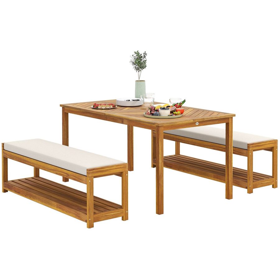 Outsunny Sitzgruppe Balkonmöbel-Set, Gartengarnitur, Esstisch mit Schirmloch, 2 Bänke, (Sitzgarnitur aus Akazienholz, 3-tlg., 3 tlg. Gartenmöbel-Set), für Balkon, Terrasse, Teak