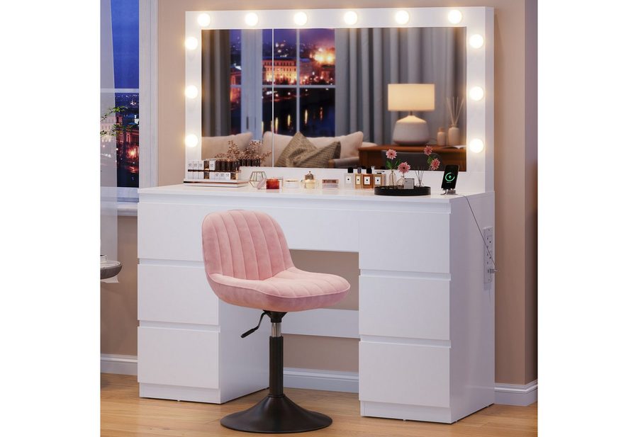 HOMALL Schminktisch mit großem Spiegel, 120 cm, 7 Schubladen, Schmuckschrank (XXL-Spiegel 106×51 cm (30×51 aufklappbar m. Schmuckschrank) · 120 cm · 7 Schubladen · LED-Birne · 2 Steckdosen+USB/Type-C · E1-MDF · 2 Farben · Hocker opt) von HOMALL