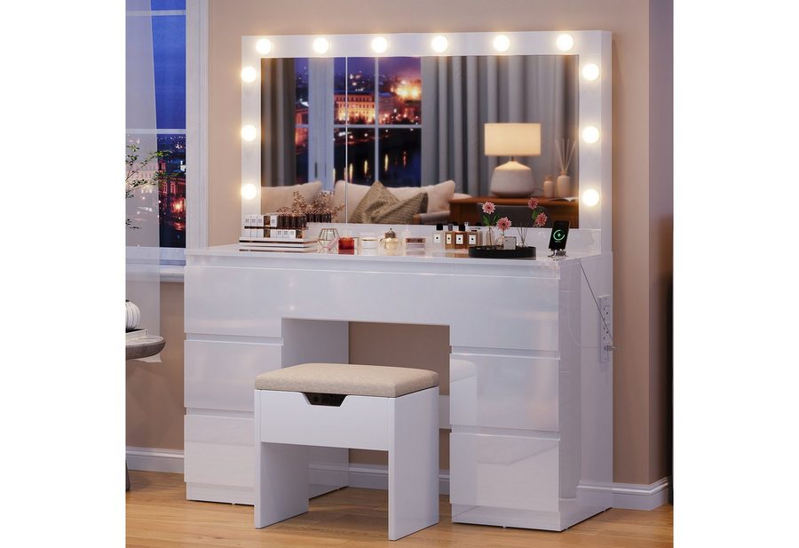 HOMALL Schminktisch mit großem Spiegel, 120 cm, 7 Schubladen, Schmuckschrank (XXL-Spiegel 106×51 cm (30×51 aufklappbar m. Schmuckschrank) · 120 cm · 7 Schubladen · LED-Birne · 2 Steckdosen+USB/Type-C · E1-MDF · 2 Farben · Hocker opt) von HOMALL