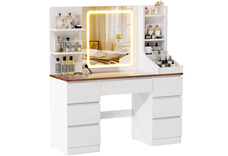 HOMALL Schminktisch LED-Spiegel, 7 Schubladen, 110 cm breit, Aufbewahrungshocker optional (Schminktisch mit dimmbarem LED-Spiegel (3 Farben), 7 Schubladen + 8 Fächer, 110×40×139 cm – 5 Farben (Schwarz/Rosa/Vintage/Weiß/Weiß Hochglanz), Hocker opt., E1-Platte), 110*40*139CM B/H/T von HOMALL