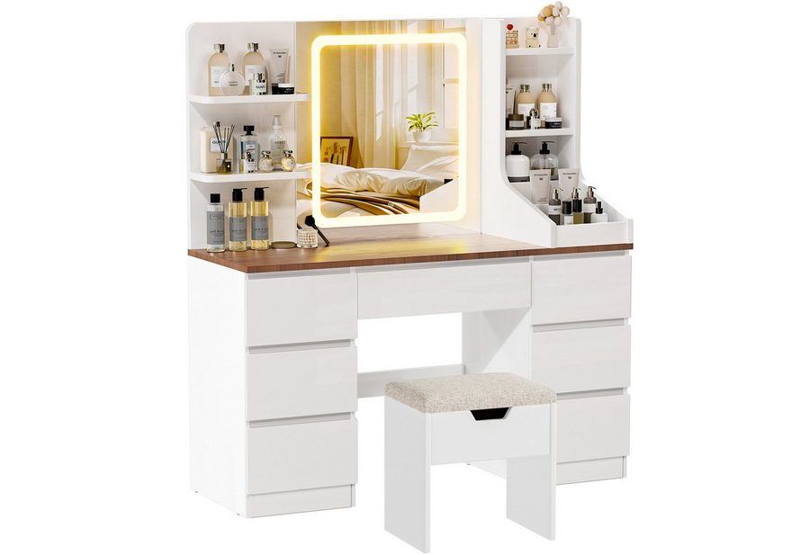 HOMALL Schminktisch LED-Spiegel, 7 Schubladen, 110 cm breit, Aufbewahrungshocker optional (Schminktisch mit dimmbarem LED-Spiegel (3 Farben), 7 Schubladen + 8 Fächer, 110×40×139 cm – 5 Farben (Schwarz/Rosa/Vintage/Weiß/Weiß Hochglanz), Hocker opt., E1-Platte), 110*40*139CM B/H/T von HOMALL