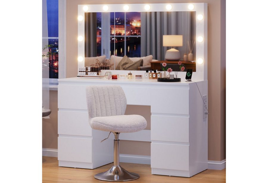 HOMALL Schminktisch mit großem Spiegel, 120 cm, 7 Schubladen, Schmuckschrank (XXL-Spiegel 106×51 cm (30×51 aufklappbar m. Schmuckschrank) · 120 cm · 7 Schubladen · LED-Birne · 2 Steckdosen+USB/Type-C · E1-MDF · 2 Farben · Hocker opt) von HOMALL