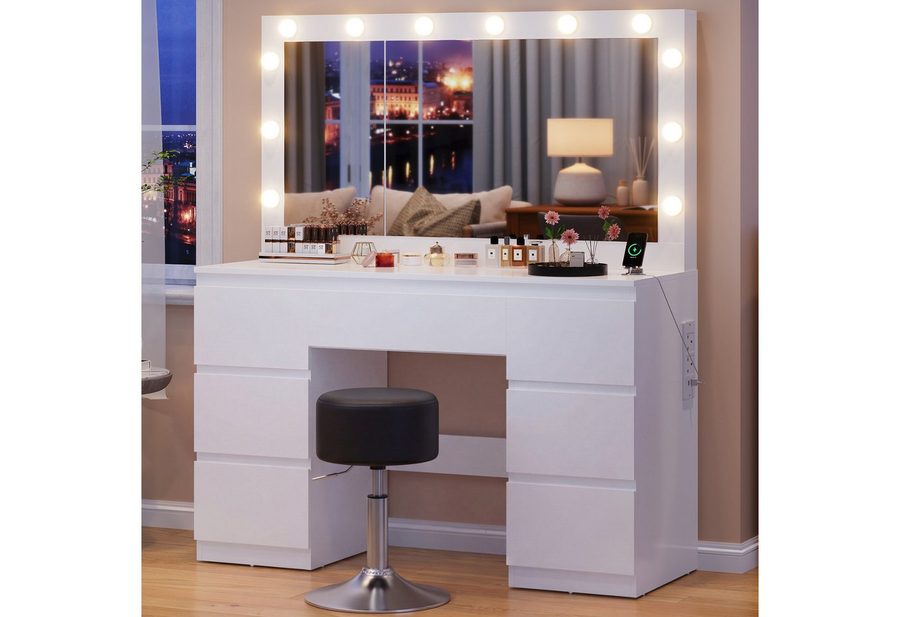 HOMALL Schminktisch mit großem Spiegel, 120 cm, 7 Schubladen, Schmuckschrank (XXL-Spiegel 106×51 cm (30×51 aufklappbar m. Schmuckschrank) · 120 cm · 7 Schubladen · LED-Birne · 2 Steckdosen+USB/Type-C · E1-MDF · 2 Farben · Hocker opt)