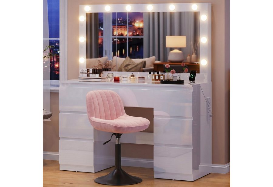 HOMALL Schminktisch mit großem Spiegel, 120 cm, 7 Schubladen, Schmuckschrank (XXL-Spiegel 106×51 cm (30×51 aufklappbar m. Schmuckschrank) · 120 cm · 7 Schubladen · LED-Birne · 2 Steckdosen+USB/Type-C · E1-MDF · 2 Farben · Hocker opt) von HOMALL