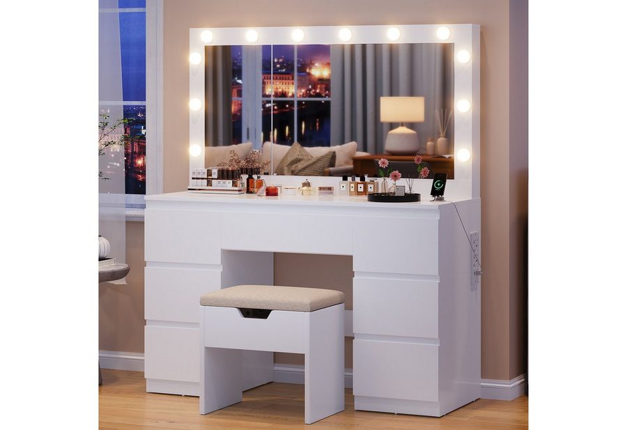 HOMALL Schminktisch mit großem Spiegel, 120 cm, 7 Schubladen, Schmuckschrank (XXL-Spiegel 106×51 cm (30×51 aufklappbar m. Schmuckschrank) · 120 cm · 7 Schubladen · LED-Birne · 2 Steckdosen+USB/Type-C · E1-MDF · 2 Farben · Hocker opt) von HOMALL