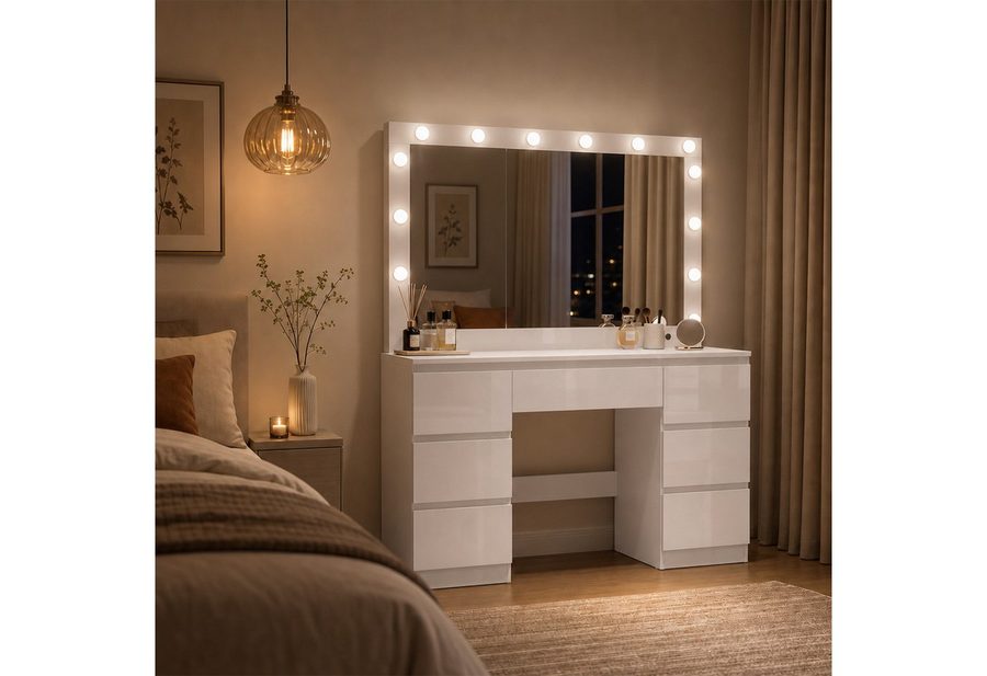 HOMALL Schminktisch mit großem Spiegel, 120 cm, 7 Schubladen, Schmuckschrank (XXL-Spiegel 106×51 cm (30×51 aufklappbar m. Schmuckschrank) · 120 cm · 7 Schubladen · LED-Birne · 2 Steckdosen+USB/Type-C · E1-MDF · 2 Farben · Hocker opt) von HOMALL