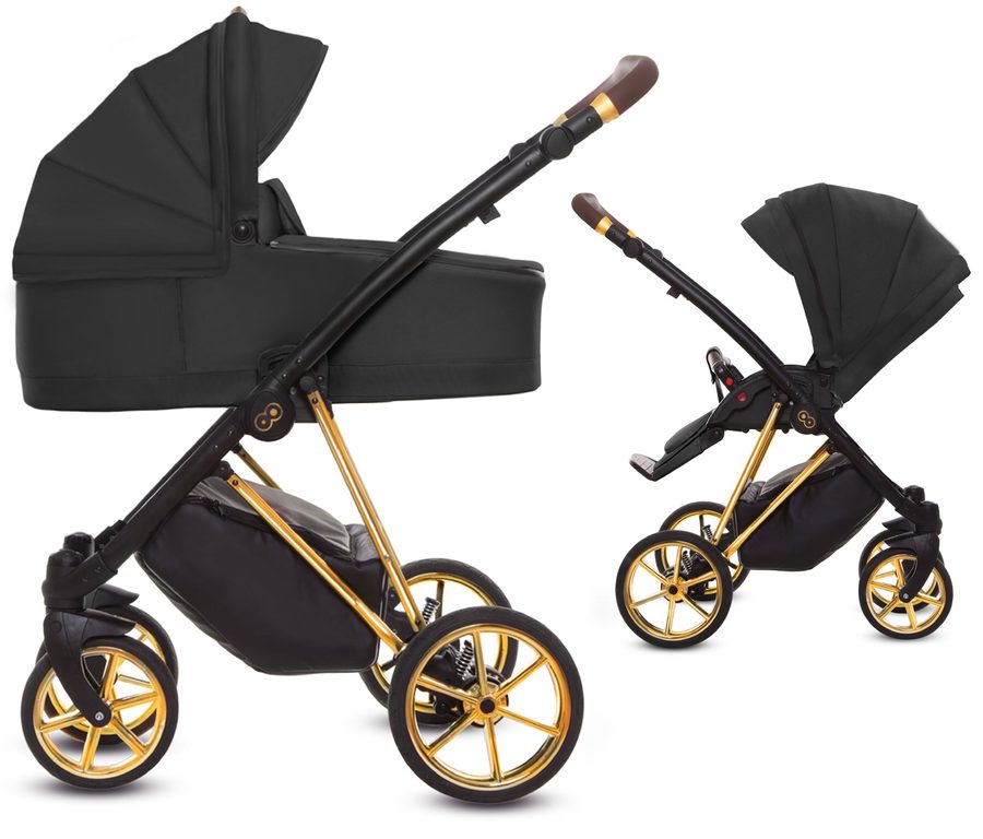 TPFLiving 2in1 Kinderwagen Ultra Stoff - Schwarz / Gestell Gold von TPFLiving