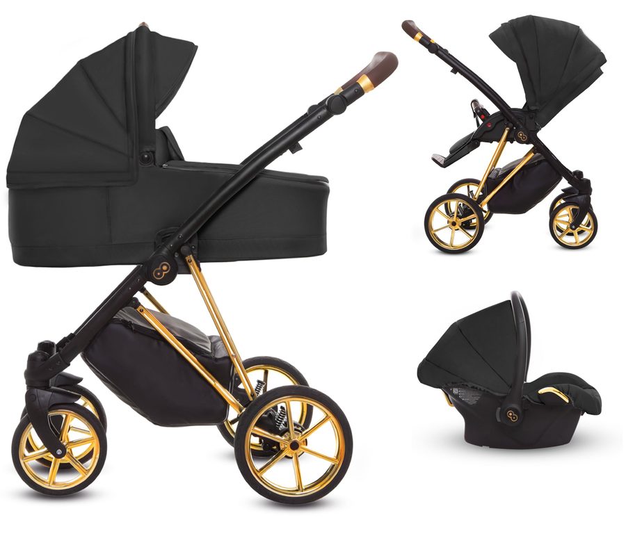 TPFLiving 3in1 Kinderwagen Ultra Stoff - Schwarz / Gestell Gold von TPFLiving