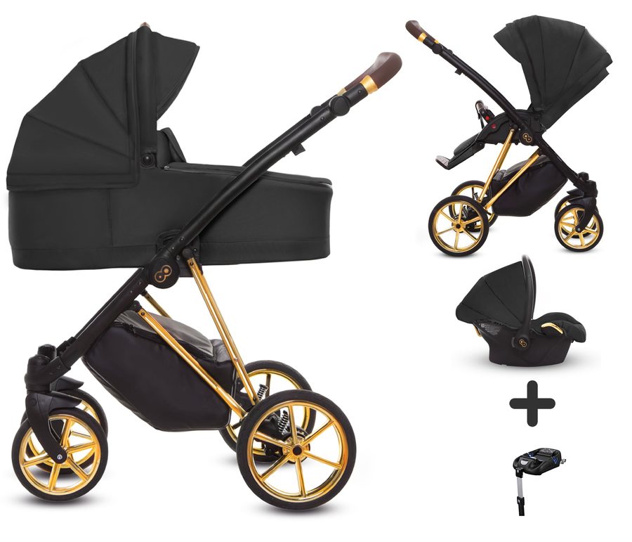 TPFLiving 4in1 Kinderwagen Ultra Stoff - Schwarz / Gestell Gold von TPFLiving