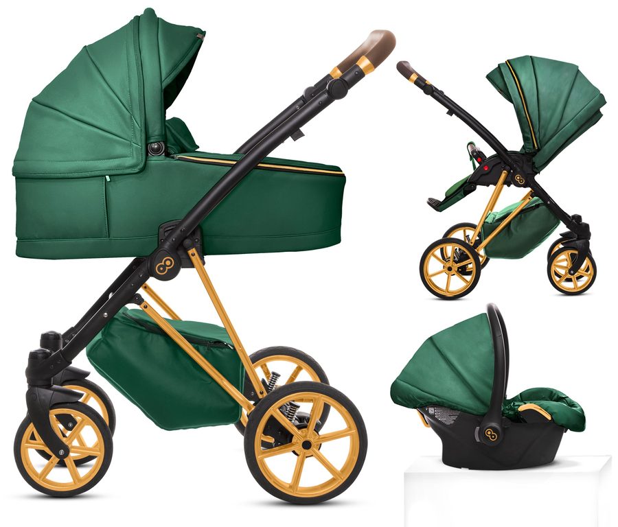 TPFLiving 3in1 Kinderwagen Royal Kunstleder - Grün / Gestell Gold von TPFLiving