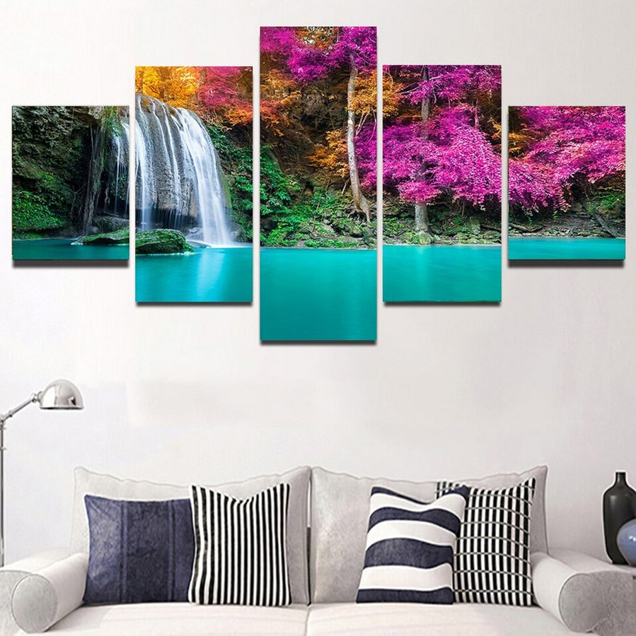 TPFLiving Poster Leinwand / 5 teiliges Wandbild - Wasserfall im Wald / Verschiedene Größen - OHNE Rahmen - Modell Waterfall - 40x60 40x80 40x100cm von TPFLiving
