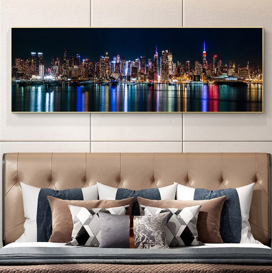 TPFLiving Poster Leinwand / New York Skyline bei Nacht / Verschiedene Größen - OHNE Rahmen - Modell W2122 - 70x210cm von TPFLiving