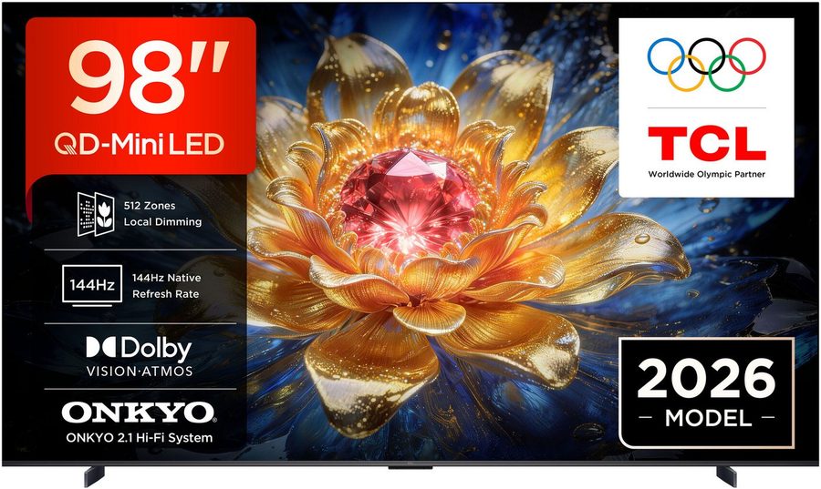 TCL 98T8D Mini-LED-Fernseher (248 cm/98 Zoll, 4K Ultra HD, Smart-TV, Google TV, QD-Mini LED, AiPQ Pro Prozessor, 144Hz, Dolby Atmos, Apple AirPlay 2)