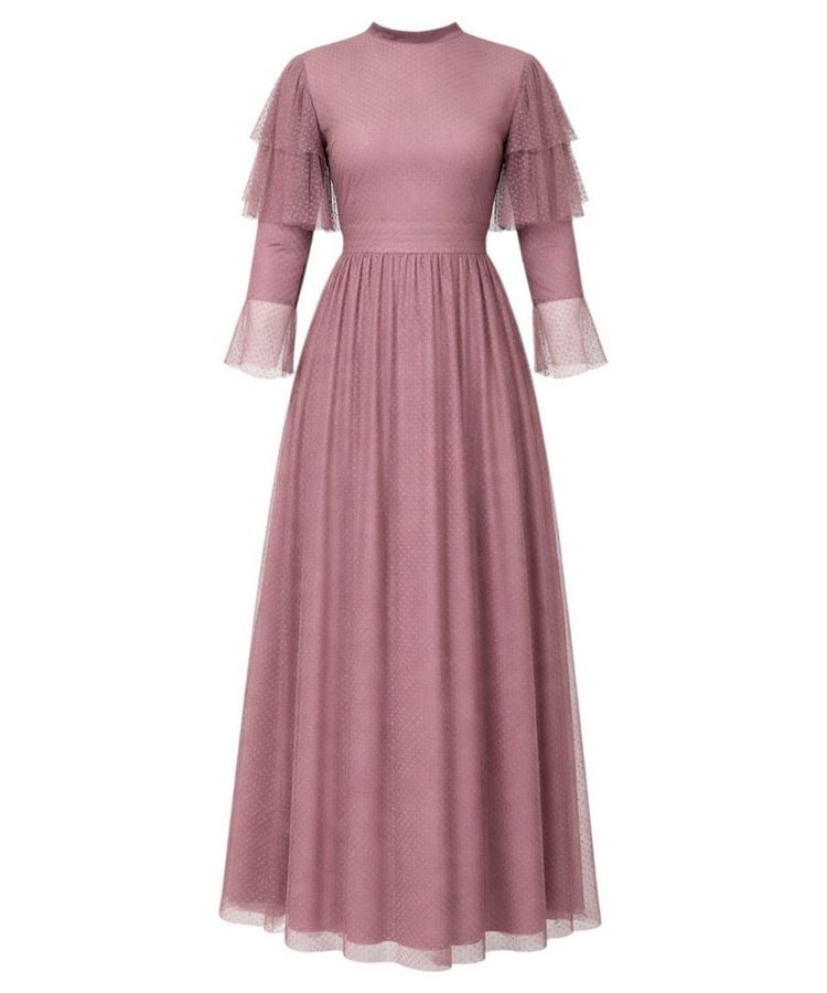 Modavitrini Tüllkleid Abendkleid Maxikleid aus gepunktetem Tüll langarm festlich elegant