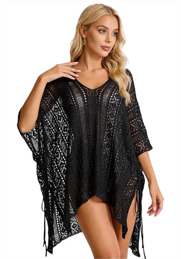Mutig Strandkleid Damen Bikini Cover Up Strandkleid V-Ausschnitt Poncho gestrickt Kleid (Sommer Sexy Kleider mit Cutout Crochet,Strand Strandtunika, Boho-Stil Häkelkleid Strandurlaub Badeanzug Strandponcho Longbluse) Lockeres, bequemes Kleid ideal für Sommer, Strand, Meer und Urlaub