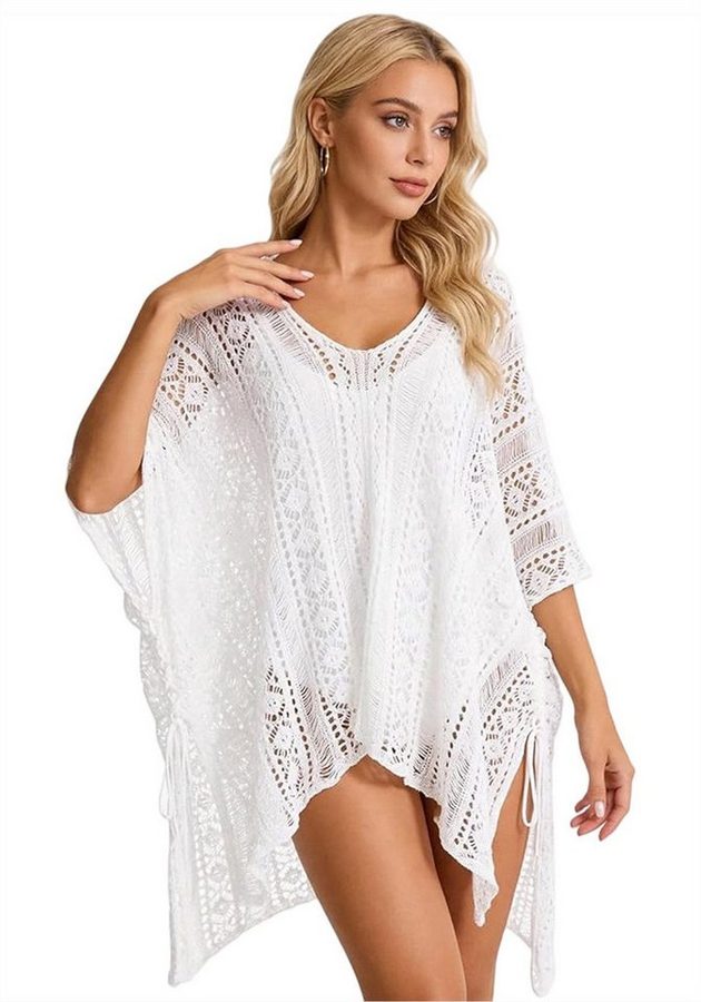 Mutig Strandkleid Damen Bikini Cover Up Strandkleid V-Ausschnitt Poncho gestrickt Kleid (Sommer Sexy Kleider mit Cutout Crochet,Strand Strandtunika, Boho-Stil Häkelkleid Strandurlaub Badeanzug Strandponcho Longbluse) Lockeres, bequemes Kleid ideal für Sommer, Strand, Meer und Urlaub