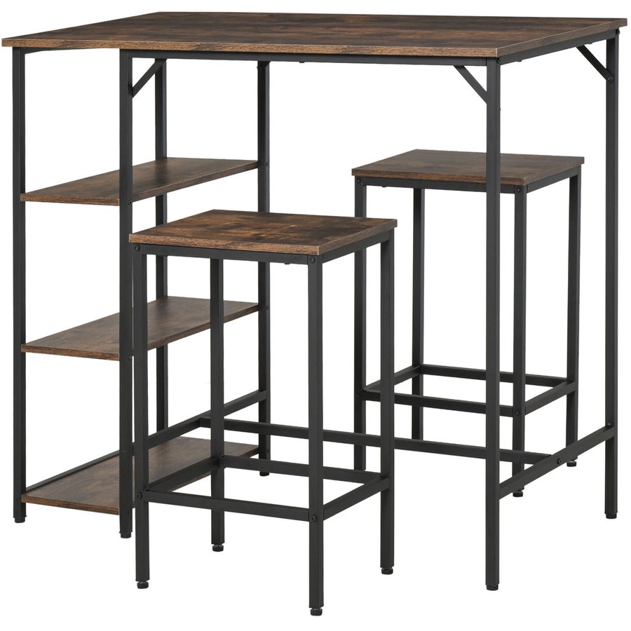 HOMCOM Bartisch-Set  Stehtisch mit 2 Barhockern, 3-teiliges Tischset mit Regalen, Spanplatte/Stahl, Rustikales Braun/Schwarz, 109x60x100cm  Aosom von HOMCOM