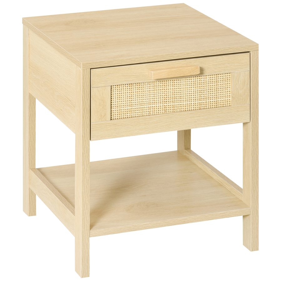 HOMCOM Nachttisch Nachtschrank Beistelltisch natürlicher Nachtkommode mit Schublade offenen Ablage Rattan-Design MDF Natur 40 x 40 x 48 cm   Aosom von HOMCOM