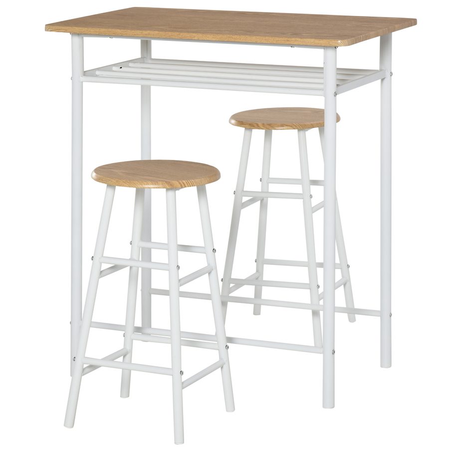 HOMCOM Bartisch Set 3-teilig Esstisch mit 2 Barhocker Essgruppe Küchentisch und Stühle Stehtisch und Barhocker mit Lagerregal MDF-Platte Stahl Weiß+Eiche 80 x 50 x 90 cm   Aosom von HOMCOM