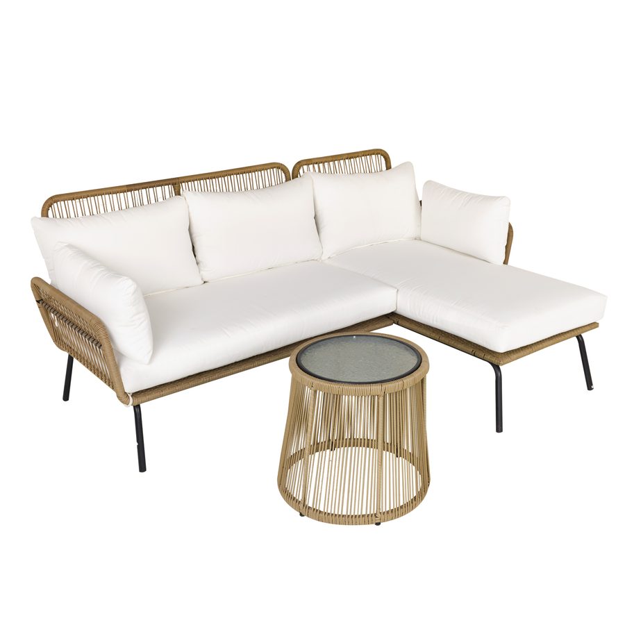 Outsunny 3-teiliges Rattan Gartenmöbel Set, 2-Sitzer Sofa mit Chaise Longue und Beistelltisch, Beige und Kaffee, ideal für Garten & Terrasse   Aosom.de von Outsunny