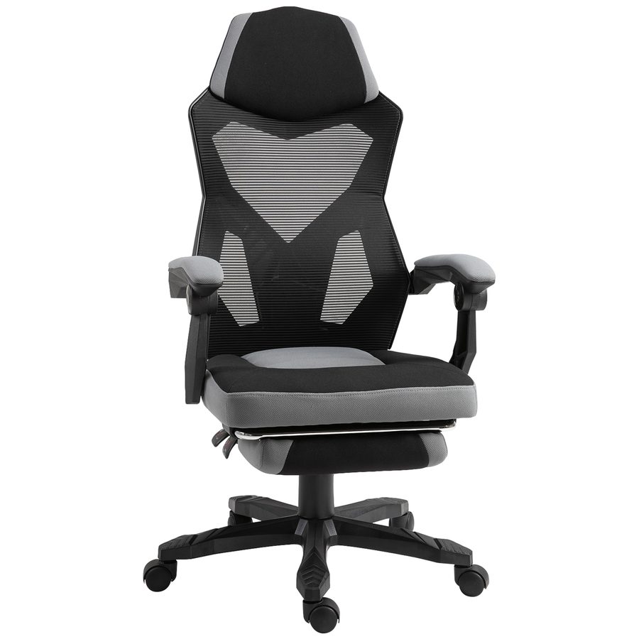 Vinsetto Bürostuhl Gaming-Stuhl höhenverstellbar neigbar 360° drehbar mit 5 Rollen Fußhocker Netzstoff 58B x 63T x 112-122H cm grau schwarz   Aosom von Vinsetto