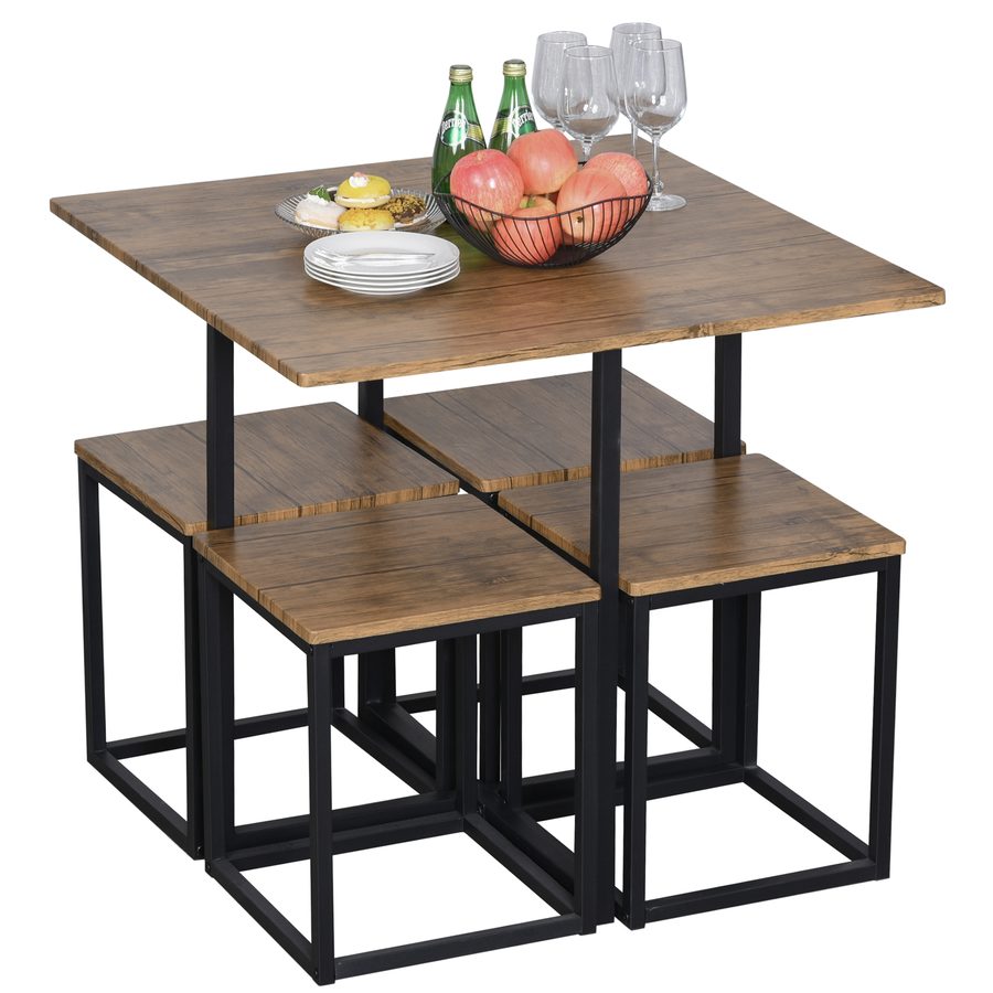 HOMCOM Set 5-teilig Esstisch mit 4 Hockern im industriellen Stil für die Küche, platzsparende Möbel für Zuhause oder Restaurant aus Holz und Metall, Schwarz und Holzfarbe   Aosom von HOMCOM