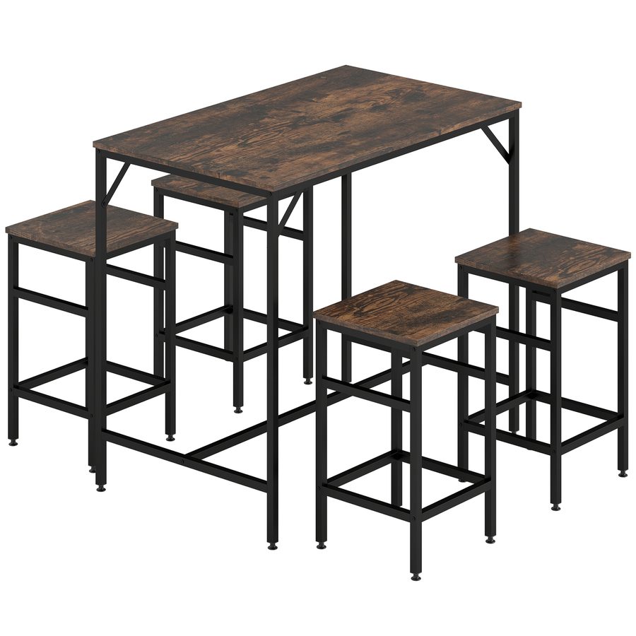 HOMCOM Bartisch-Set  Stehtisch mit 4 Barhockern, 5-teiliges Tischset für Küche, Spanplatte/Stahl, Rustikales Braun/Schwarz, 100x60x88cm  Aosom von HOMCOM