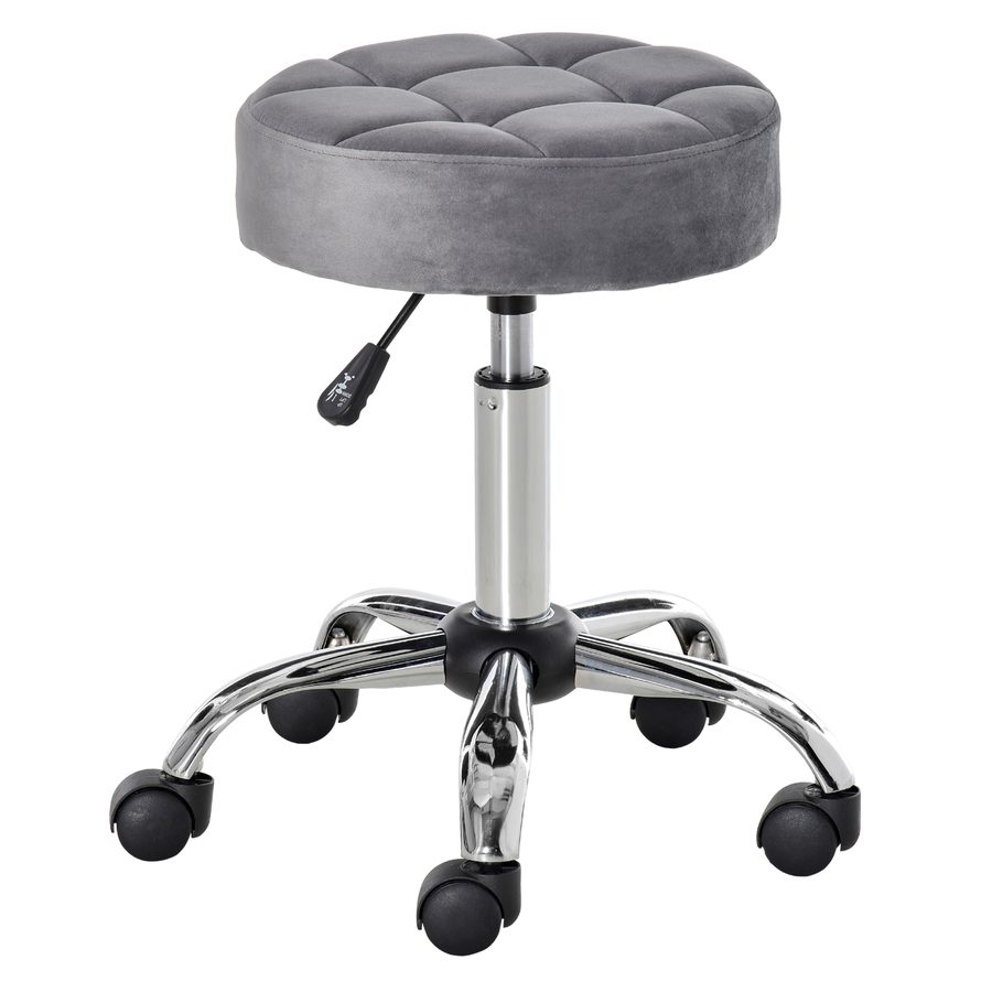 HOMCOM Salonstuhl mit Rädern Rollhocker höhenverstellbar drehbar Samt-Touch Chrom-Basis Grau 35x35x49-61cm für Friseursalons & Kosmetikstudios   Aosom.de von HOMCOM