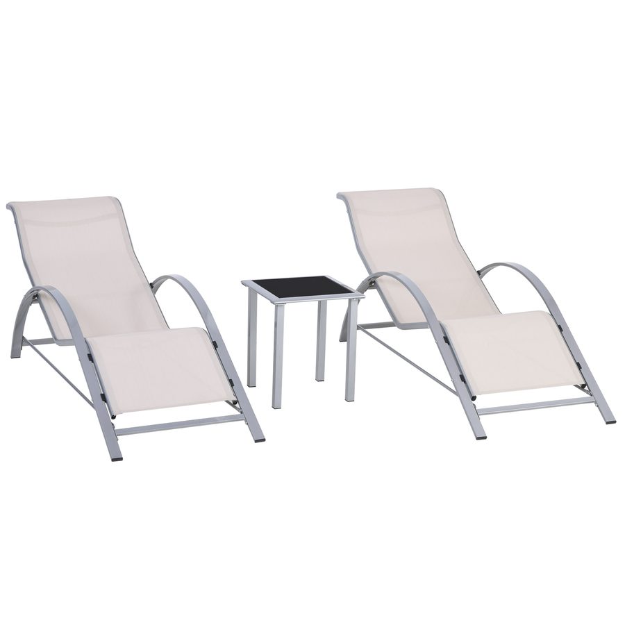 Outsunny Set 2 Gartenliegen und Beistelltisch mit Glasplatte, Sonnenliege mit atmungsaktivem Gewebe, 59x169x66 cm, Creme   Aosom von Outsunny