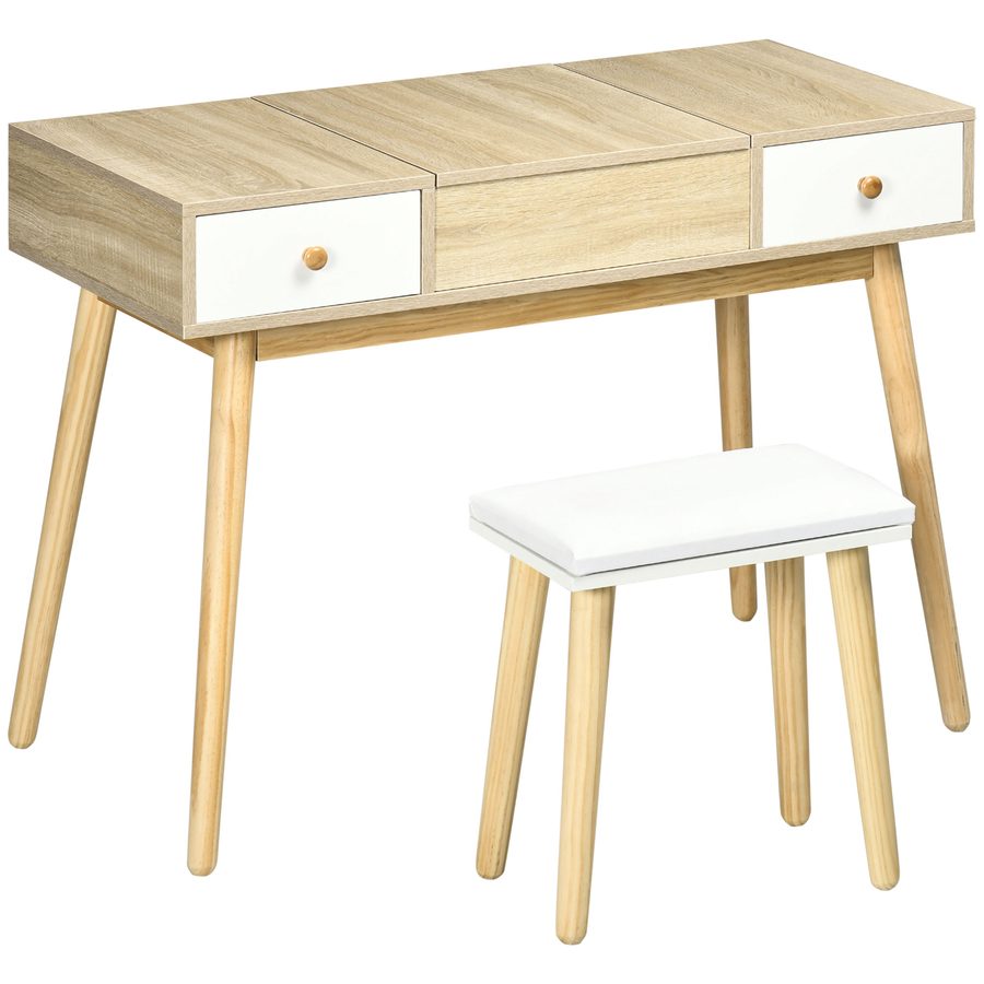 HOMCOM Frisierkommode Set mit Schminktisch Hocker klappbarer Spiegel skandinavischer Stil 2 Schubladen 2-in-1 Schreibtisch - 100 x 45 x 118 cm   Aosom von HOMCOM