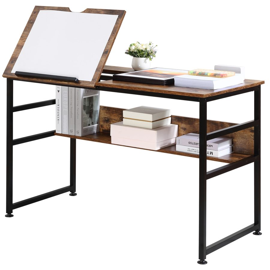 HOMCOM Zeichentisch mit neigbarer Platte Industrie-Design Computertisch - klappbares Plateau, Regal - Spanplatten mit altem Holzdekor und schwarzem Metall   Aosom von HOMCOM