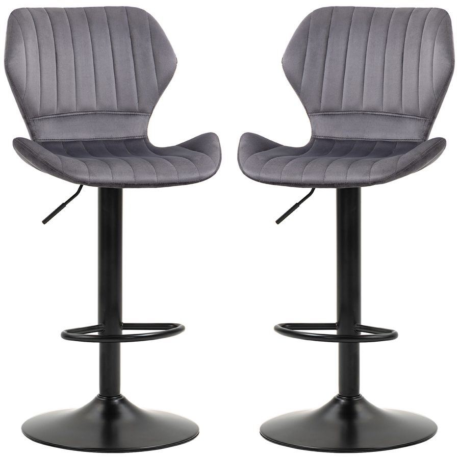HOMCOM Set 2 Barhocker mit Höhenverstellbarer, ergonomischer Sitzfläche und Fußstütze, Hohe Hocker aus Samtstoff und Metall, 47x51,5x92-114 cm, Grau   Aosom von HOMCOM