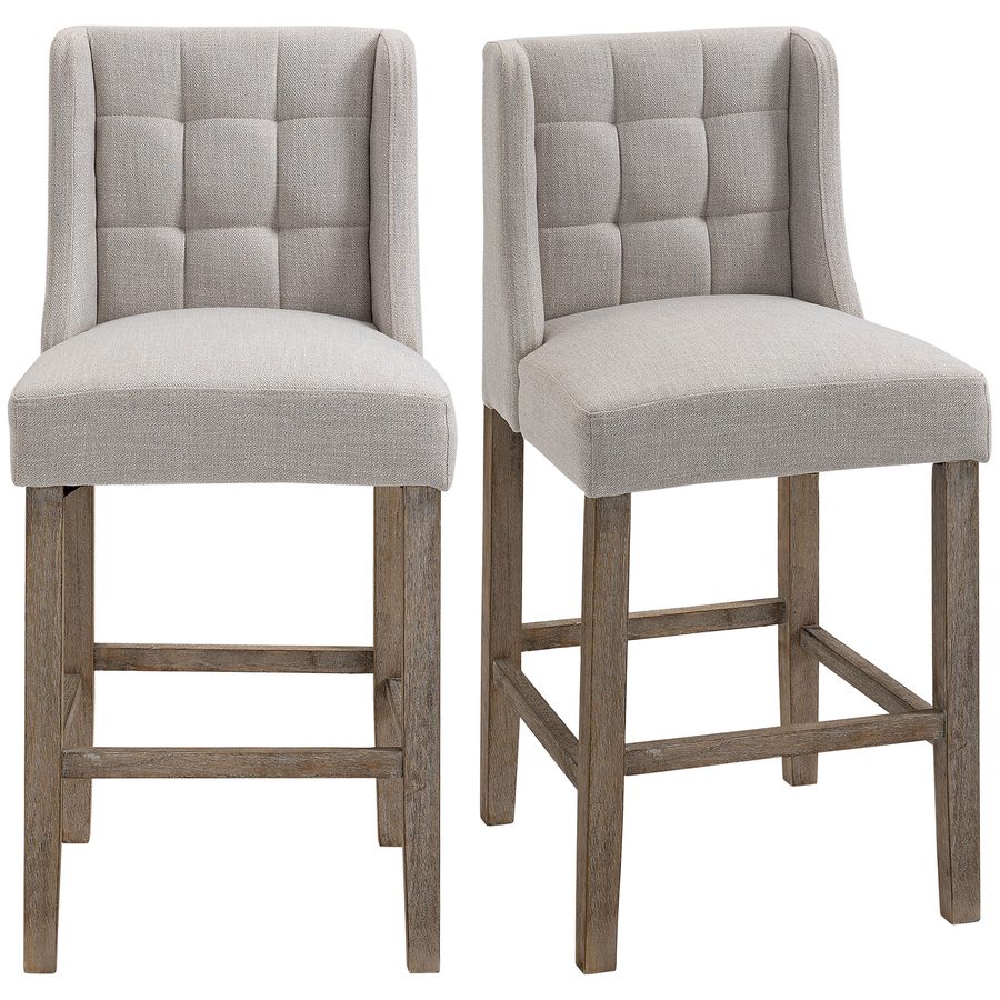 HOMCOM 2er-Set Barhocker mit lehne Barstühle mit Knopfheftung, Massivholz, inkl. Fußstütze, 47 cm x 50 cm x 101 cm, Grau + Natur   Aosom.de von HOMCOM