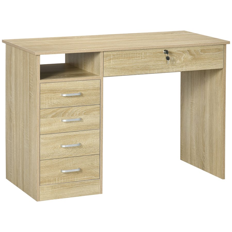 HOMCOM Schreibtisch für Büro mit 5 Schubladen und 2 Schlüsseln, moderner platzsparender Schreibtisch mit offenem Fach, Computertisch, Zuhause Büro Studio Schlafzimmer, 110x50x76cm, Eiche   Aosom von HOMCOM